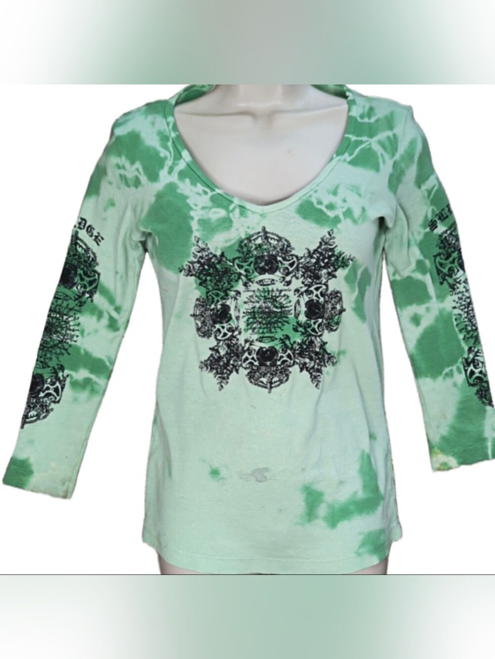 Vintage Y2K Sledge USA Green Tie Dye Graphic Thermal Top Small